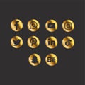 Gold colour modern Social media icons, Facebook, WhatsApp, Twitter, Instagram, YouTube, Pinterest, tiktok icons