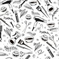 Seamless pattern with tools for cutting and dyeing hair. Hairdresser pattern. Doodle combs