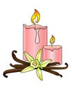 Candles And Vanilla - Aromatherapy, Antistress - Vector Full Color Illustration. Scented pink candles with a flower and vanilla po