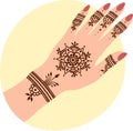 Indian mehendi for wedding on woman hand, henna art in arabic culture vector illustration Royalty Free Stock Photo