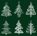 Vector scribble drawings of various abstract decorative christmas trees