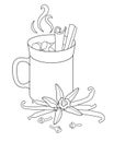 Cup of hot drink, marshmallows and cinnamon, pods and flower of vanilla and carnation - vector linear illustration for coloring. O