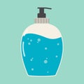 Antibacterial gel in a bottle for hand washing. Disinfection and hygiene. Blue colors. Royalty Free Stock Photo