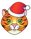 Tiger in santa claus hat - symbol of 2022 - vector full color illustration. Head of a cute little tiger in a winter red hat, cute Royalty Free Stock Photo