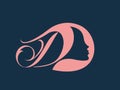 Beauty, hair salon logo. Woman portrait and decorative pink letter D. Royalty Free Stock Photo