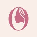 Beauty, hair salon logo. Woman portrait and decorative letter O. Pink color. Royalty Free Stock Photo