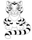 Tiger - for a coloring book. Little cute tiger cub with a long tail sits - vector linear illustration for coloring. Outline. Small