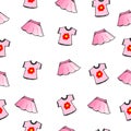 Fashionable Kids: Hand-Drawn Set of Girl Clothes in Pink Shirt and Skirt Seamless Pattern Design