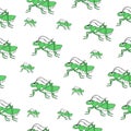 Whimsical Wonders: Hand-Drawn Grasshopper Illustration in Green, Creating a Cute Insect Seamless Pattern for Doodle Art