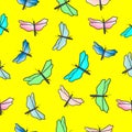 Dazzling Insect Art: Hand-Drawn Dragonfly on Yellow Background Royalty Free Stock Photo