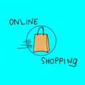 Online shopping-hand drawn lettering with bag shop illustration with circle on blue background. modern technology. business logo d Royalty Free Stock Photo