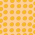 Orange fruit slices illustration on orange background. seamless pattern, hand drawn vector. fresh and healthy fruit. doodle art fo Royalty Free Stock Photo