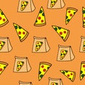 Pizza slices with paper bag illustration on orange background. hand drawn vector. seamless pattern. take away pizza. doodle art fo Royalty Free Stock Photo