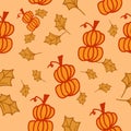 Seamless pattern with pumpkin and leaf illustration on orange background. hand drawn vector. halloweeen, seasonal event. doodle ar Royalty Free Stock Photo