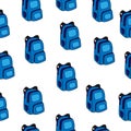 Blue backpack illustration on white background. school supplies. back to school. hand drawn vector. seamless pattern. doodle art f Royalty Free Stock Photo