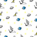 Space world illustration on white background. rocket, comet, planet, ufo and stars. seamless pattern, hand drawn vector. doodle ar Royalty Free Stock Photo