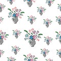 Beautiful flower with leaf in the vase illustration on white background. blue and pink flowers. ceramic vase. seamless pattern, ha Royalty Free Stock Photo