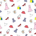 Set of woman`s clothing icon on white background. seamless pattern, hand drawn vector. red heel, dress, skirt, shoulder bag, shopp Royalty Free Stock Photo