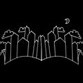 Silhouette of downtown illustration. sketch of town in the night background. white outline, hand drawn vector. building, tree and