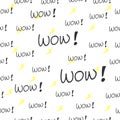 Wow!-hand drawn lettering with yellow lightning illustration on white background. typograpy, calligraphy. seamless pattern, hand d