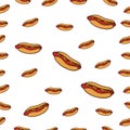 Hot dog illustration on white background. fast food icon. bun with grilled sausage and mustard. seamless pattern, hand drawn vecto Royalty Free Stock Photo