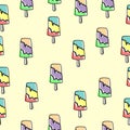 Colorful ice cream stick illustration on yellow background. seamless pattern, hand drawn vector. popsicle, sweet ice cream. fresh Royalty Free Stock Photo