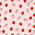 Fresh strawberry illustration on pink background. whole and half strawberries. seamless pattern. hand drawn vector. sweet fruit. d Royalty Free Stock Photo