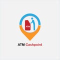 Map pointer with ATM cashpoint icon.