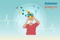 Dementia Alzheimer diseases, memory and brain loss. Elderly man lost his memories in jigsaw puzzle pieces on head. Alzheimer aware