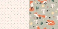 Seamless patterns with animals. The fox and the hare. Polka dot pattern. Children`s jewelry. Royalty Free Stock Photo