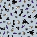 Halloween seamless pattern. Image of cute cats, shards and cobwebs. Royalty Free Stock Photo