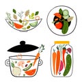 Fresh vegetables salad vector set, bowl, plate, saucepan and jar, elements isolated
