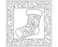 Sock - Christmas winter coloring page, frame with snowflakes and stars - vector zentangle for coloring. Outline. Linear drawing wi Royalty Free Stock Photo