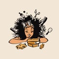 Cute little girl with Afro curly hairstyle and hair salon objects. Smiling child logo.