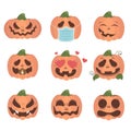 Halloween pumpkin with different emotions set isolated on white background.