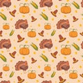 Seamless Thanksgiving day vector pattern with pumpkins, hats, turkey and corn Royalty Free Stock Photo