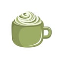 Matcha latte with whipped cream in a small cute green mug.