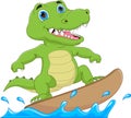 Baby crocodile surfing cartoon on white background