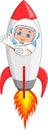 Cartoon young astronaut waving from a rocket