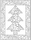 Christmas tree with zentangles - Winter antistress vertical coloring with a frame with snowflakes and stars - vector linear pictur Royalty Free Stock Photo