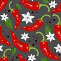 Seamless pattern with red hot chile peppers on gray background.