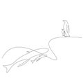 Penguins and whales animals line drawing, vector illustration