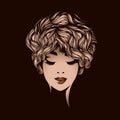 Beauty salon, hair studio, makeup, spa illustration. Beautiful, attractive woman with short, modern, curly blond hairstyle. Royalty Free Stock Photo