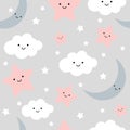 Seamless pattern cute baby shower clouds, stars and moon with faces cute Royalty Free Stock Photo