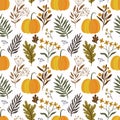 Thanksgiving Autumn decorative seamless pattern with pumpkins and botanicals