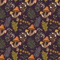 Autumn seamless pattern with seasonal elements, mushrooms and botanicals