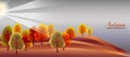 Autumn background with multicolored stylized trees and sun