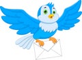 Cute bird carrying envelope on white background