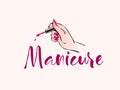 Woman hand, elegant nail polish manicure illustration. Bright pink color.