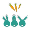 Cute blue bunnies with funny ears are looking at carrots.